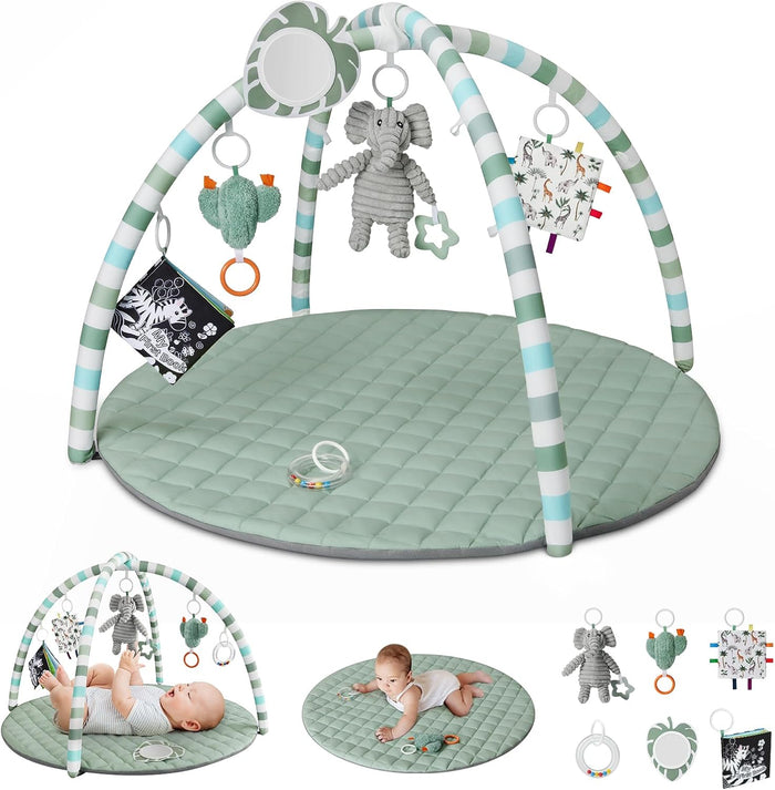 Baby Play Gym Mat, Tummy Time Activity Mat with 6 Detachable Toys for Stage-Based, Sage Green