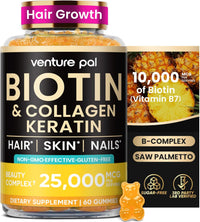 Venture Pal Biotin Gummies with Collagen & Keratin - Hair Growth Support Skin and Nail Strength Vitamins for Women & Men - Biotin 10000mcg | B-Complex | Saw Palmetto - Sugar Free, Non-GMO, 60ct