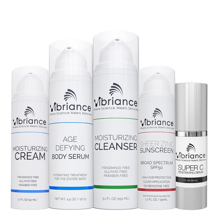 Vibriance Premium Skincare Bundle | Super C All-in-One Serum, Sheer Zinc Sunscreen SPF 50, Age Defying Body Creme