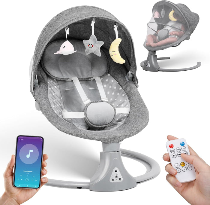 Baby Swing with Bluetooth Remote Control | Baby Swing Chair 5 Levels Electric Baby Swing Cordless | Baby Rocking Chair 12 Lullaby & 3 Timer | 3 Angle Portable Baby Bouncer Swing for Newborn Boys Girls