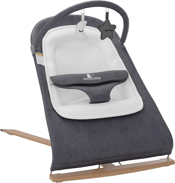 Baby Bouncer with Elegant Wood Accents, Bouncer Seat for Infants, Portable Infant Bouncer with Inner Mattress & Travel Bag