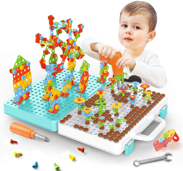 550Pcs Electric DIY Drill STEM Puzzle Toy Set, Creative Mosaic Drill Puzzle Kit, 2D 3D Educational Building Blocks,Age 3-12 Years Old