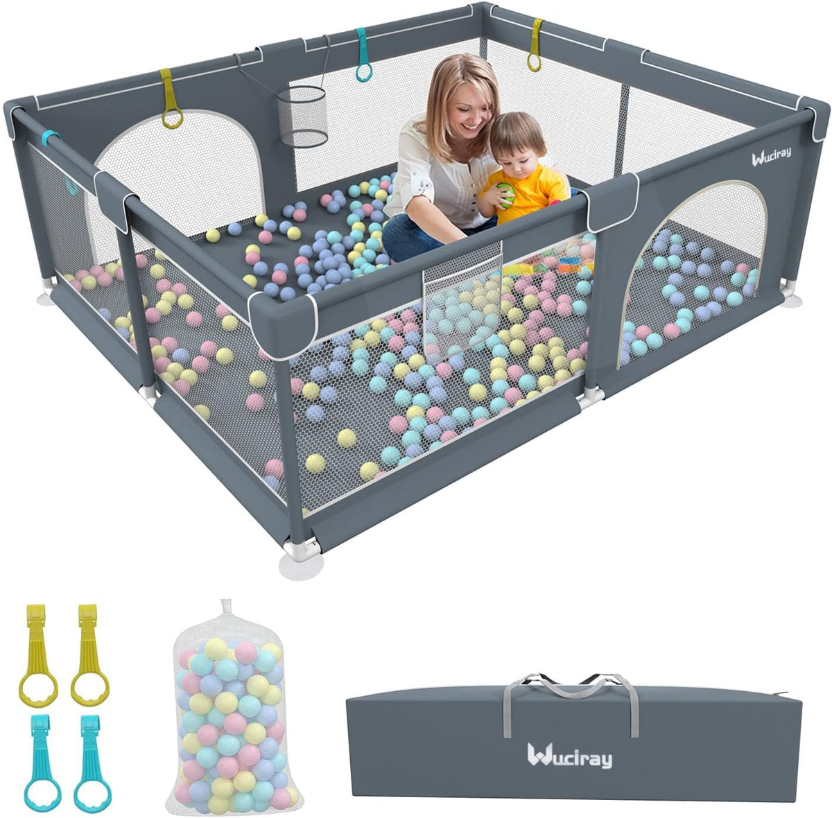 Baby Playpen 200 x 160 cm, Extra Large Baby Play Pen with 50 Ocean Balls, 4X Pull Rings