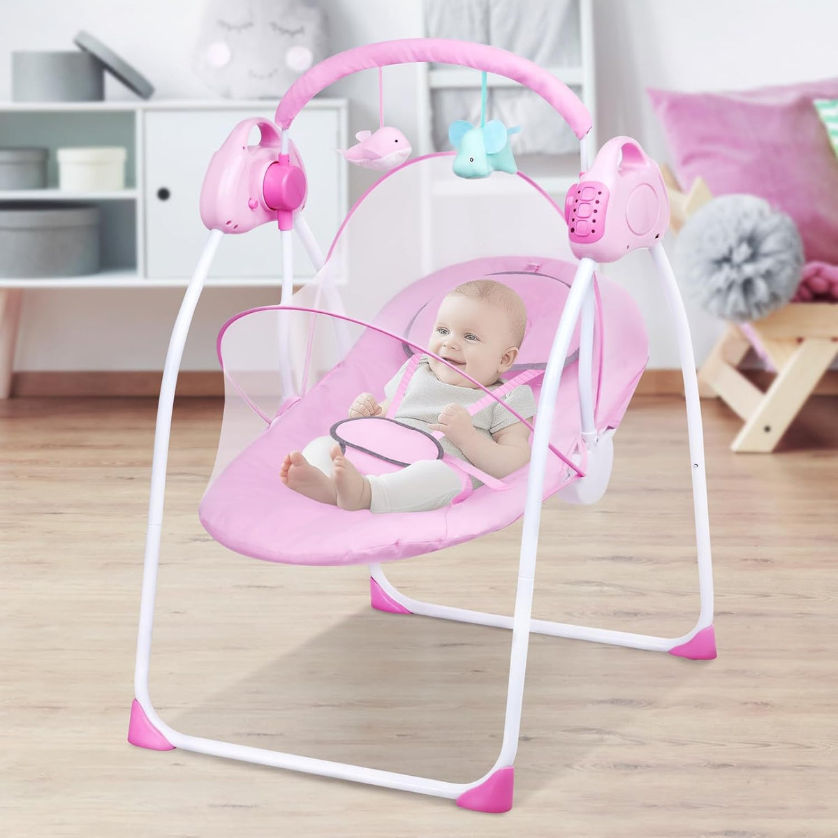 Advwin Baby Rocking Chair, Electric Baby Swing Baby Bouncer and Rocker,Electric 5 Speed Toddler Swing, Bluetooth Bouncer Seat Chair for Infants with Mosquito Net, Pink