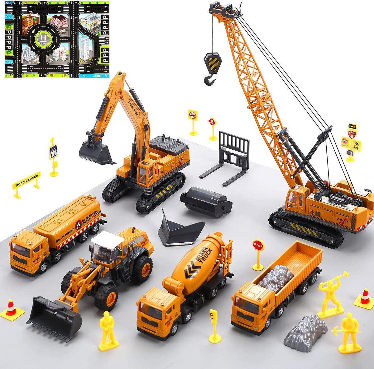 CUTE STONE Construction Vehicles Playset with Playmat