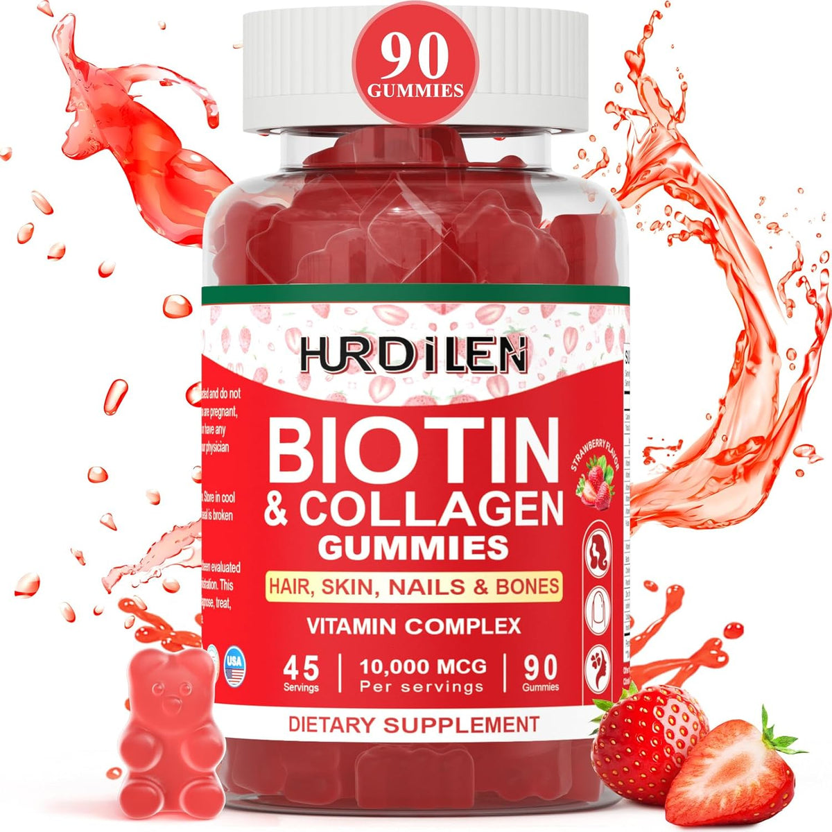 Hair Skin and Nails Gummies, 10000mcg Biotin Collagen Gummies for Women & Men, 90 Gummies