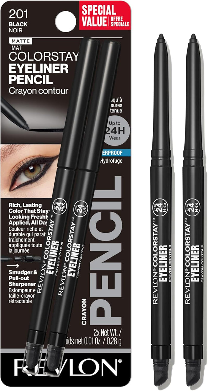 Revlon Pencil Eyeliner, ColorStay Eye Makeup with Built-in Sharpener, Waterproof, Smudge-proof, Longwearing with Ultra-Fine Tip, 201 Black, 2 Pack
