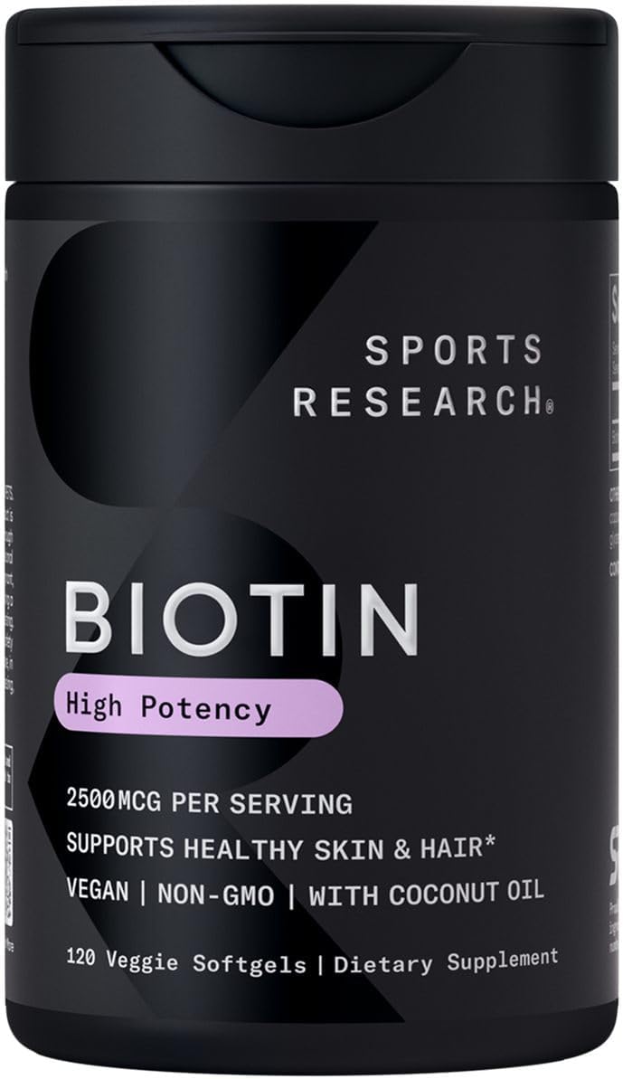 Sports Research Extra Strength Vegan Biotin (Vitamin B) Supplement with Organic Coconut Oil - Supports Keratin for Healthier Hair & Skin - Great for Women & Men - 2,500mcg, 120 Veggie Softgel Capsules