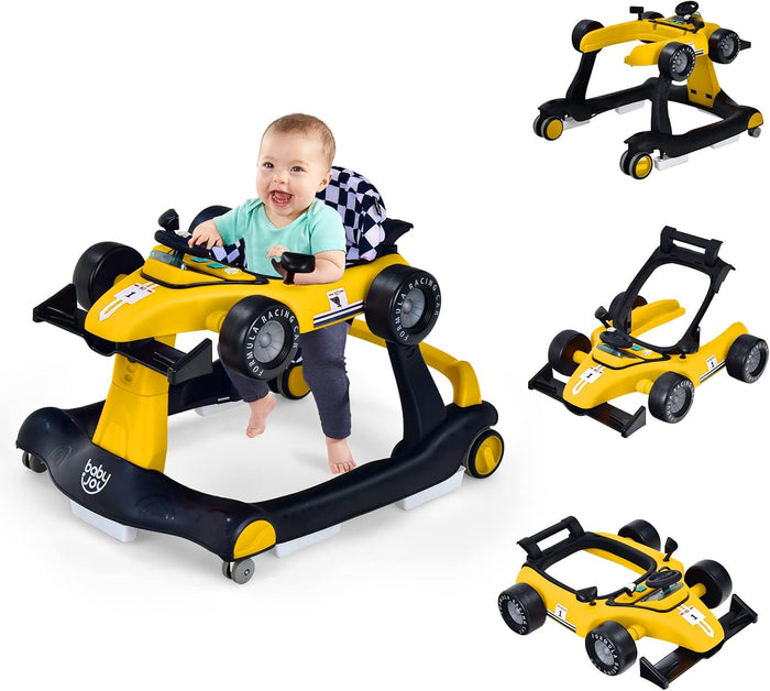 BABY JOY 4-in-1 Baby Walker, Foldable Activity Car Baby Walker w/3 Adjustable Height(Yellow)