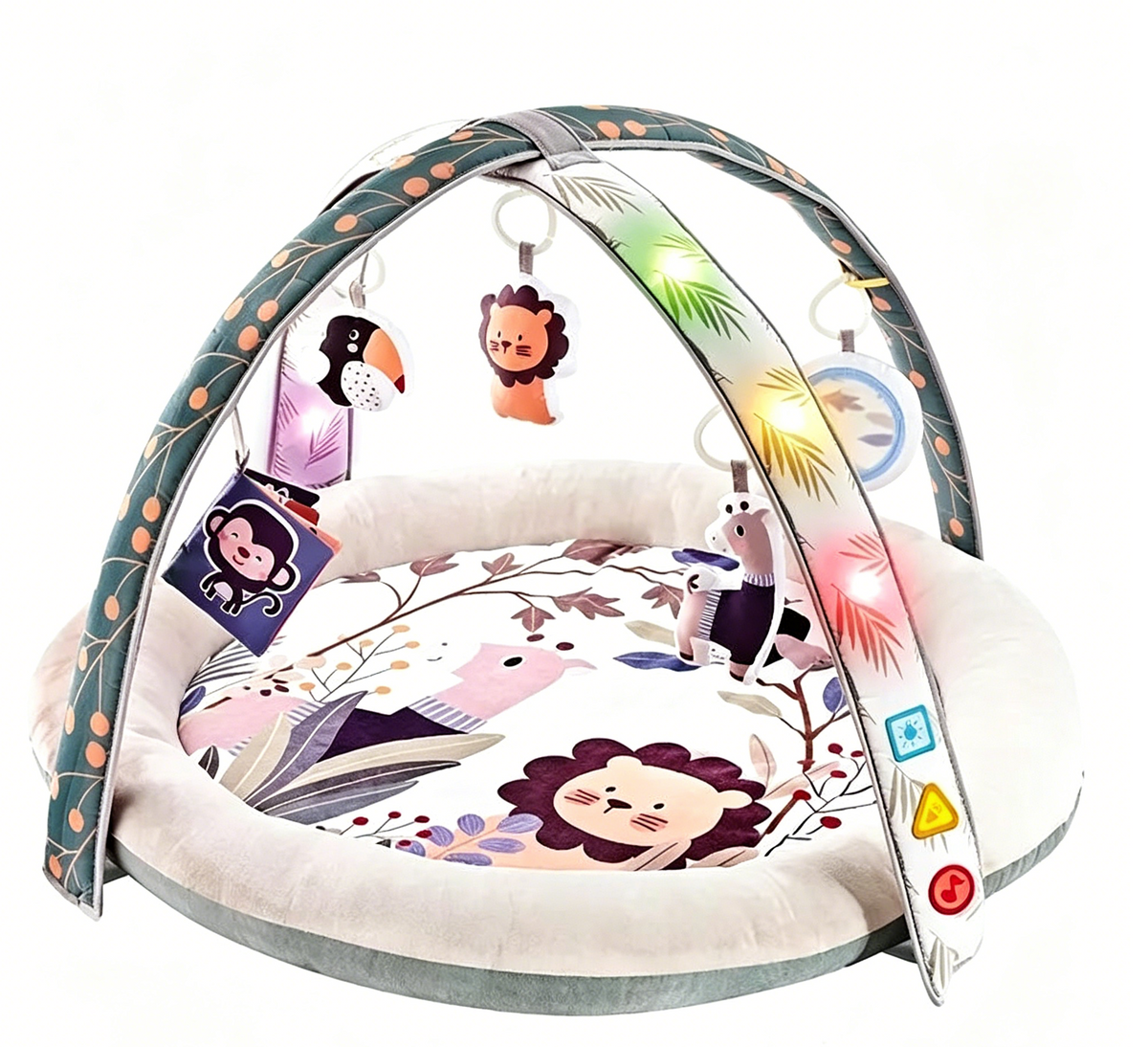 Baby Glide Baby Play Gym with Lights & Music – Soft Activity Mat with 6 Hanging Sensory Toys, Interactive Tummy Time