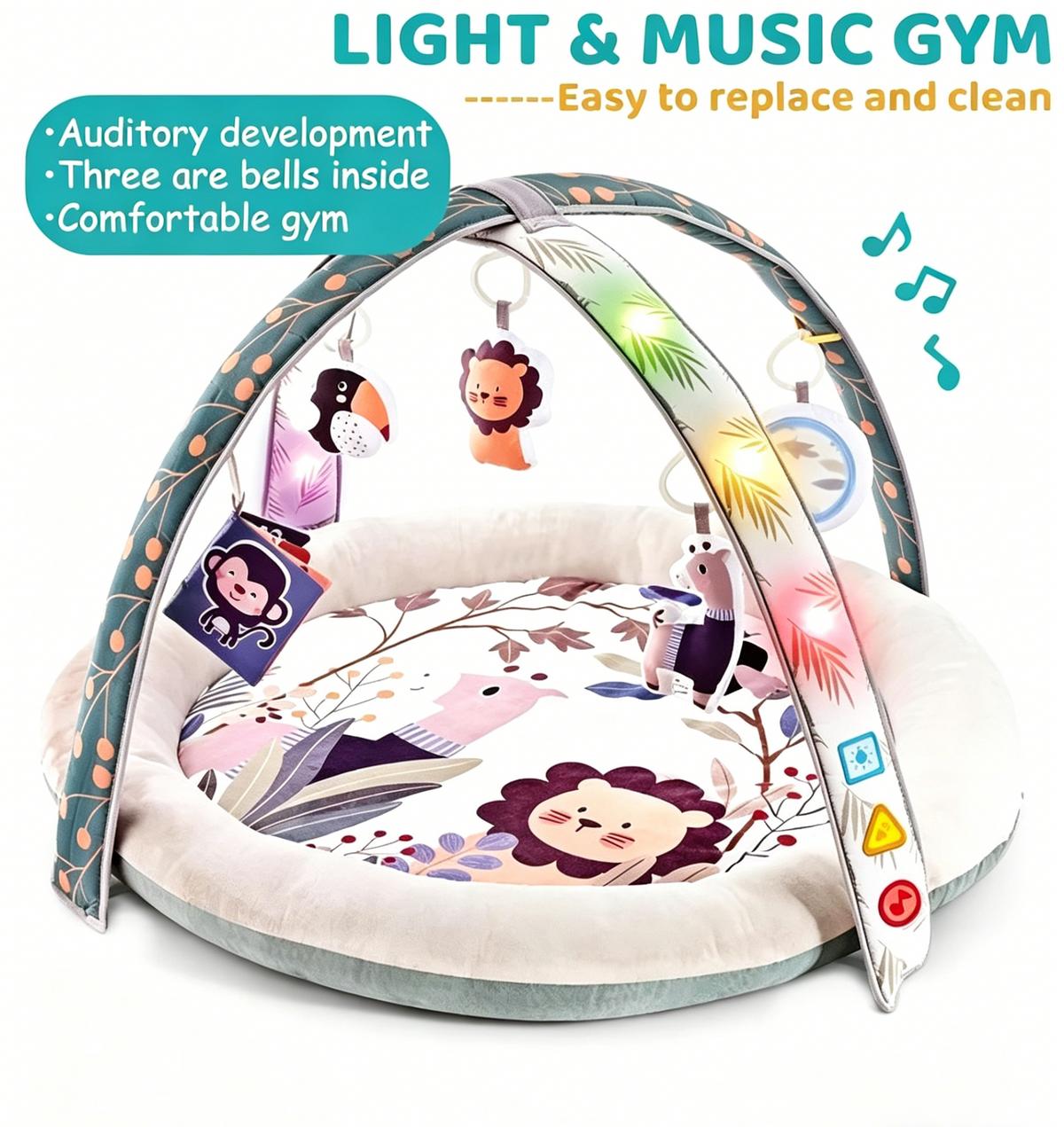 Baby Glide Baby Play Gym with Lights & Music – Soft Activity Mat with 6 Hanging Sensory Toys, Interactive Tummy Time