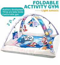 Baby Glide Baby Play Gym & Activity Mat with Music & Lights – Foldable Tummy Time Play Mat, 6 Hanging Toys, Soft Washable Cushion, Sensory Development Gym for Newborns & Infants