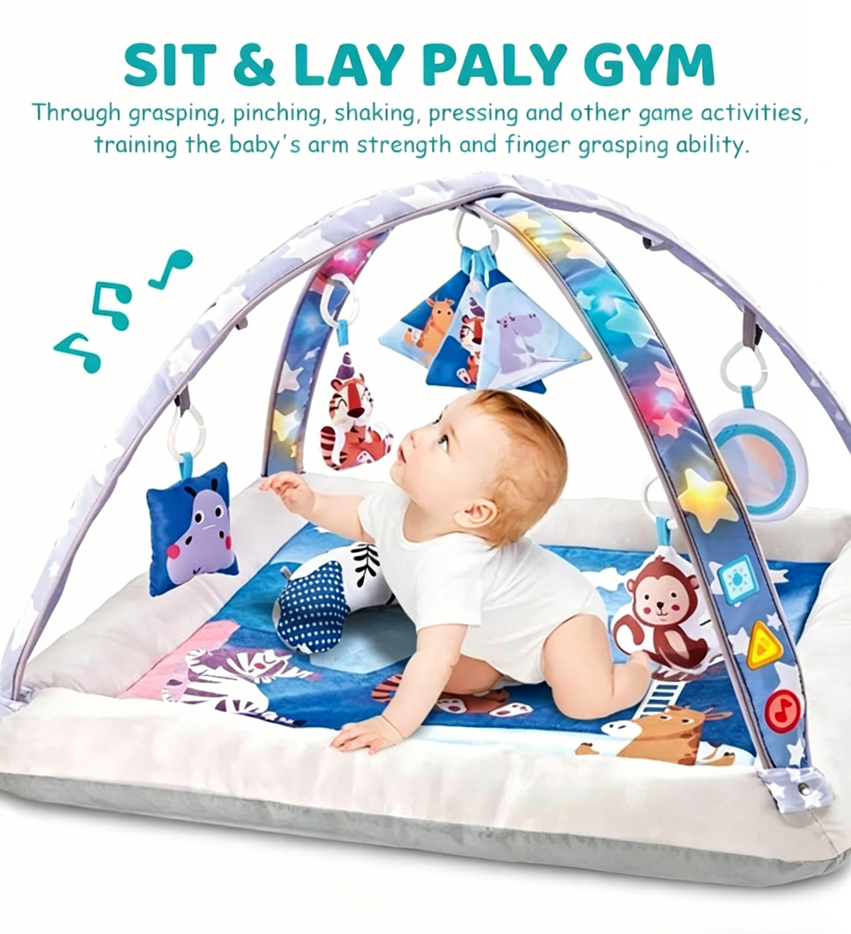 Baby Glide Baby Play Gym & Activity Mat with Music & Lights – Foldable Tummy Time Play Mat, 6 Hanging Toys, Soft Washable Cushion, Sensory Development Gym for Newborns & Infants