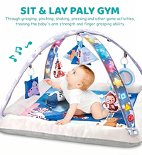 Baby Glide Baby Play Gym & Activity Mat with Music & Lights – Foldable Tummy Time Play Mat, 6 Hanging Toys, Soft Washable Cushion, Sensory Development Gym for Newborns & Infants