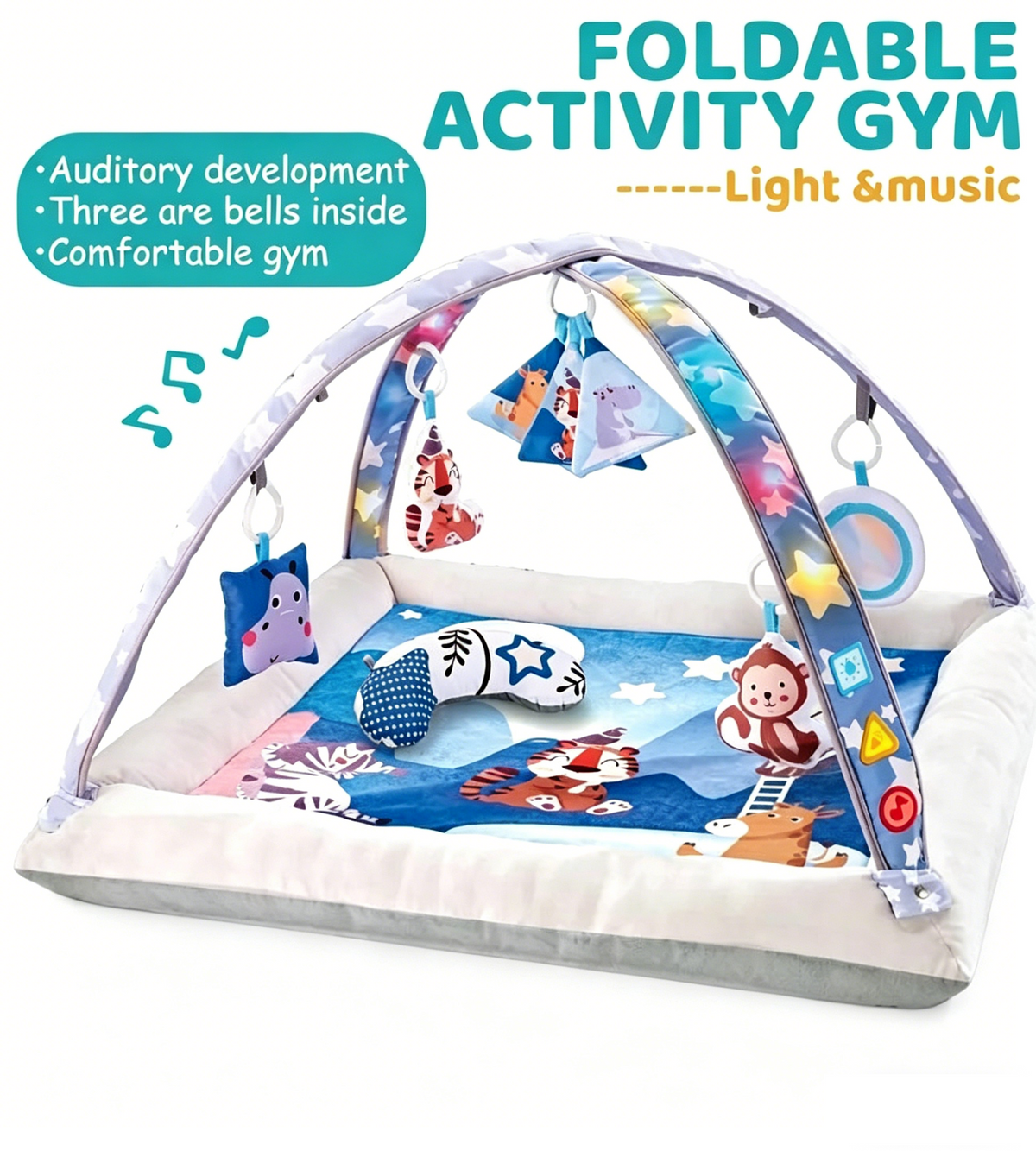 Baby Glide Baby Play Gym & Activity Mat with Music & Lights – Foldable Tummy Time Play Mat, 6 Hanging Toys, Soft Washable Cushion, Sensory Development Gym for Newborns & Infants