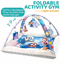 Baby Glide Baby Play Gym & Activity Mat with Music & Lights – Foldable Tummy Time Play Mat, 6 Hanging Toys, Soft Washable Cushion, Sensory Development Gym for Newborns & Infants