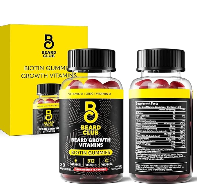 The Beard Club Biotin Beard Growth Vitamin Gummies - Hair Supplement for Men - Vitamins B12, E, & C to Support a Thicker Fuller Looking Facial Hair - Strawberry Gummy