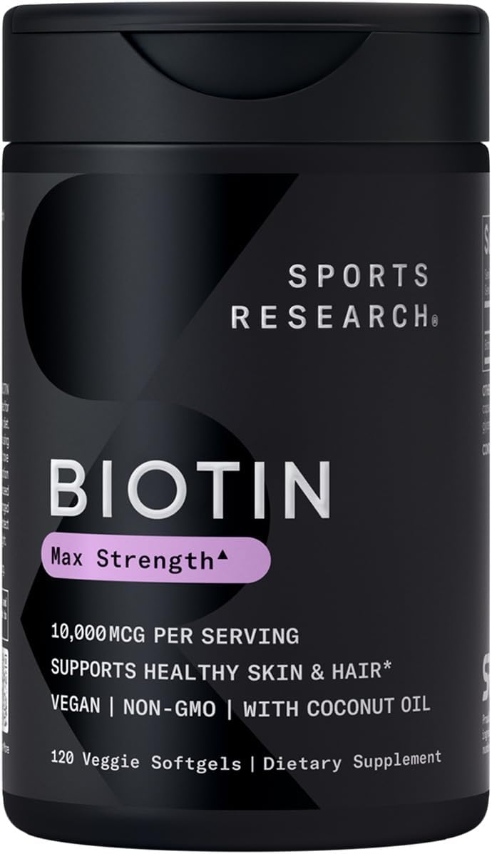 Sports Research® Biotin 10,000mcg with Organic Coconut Oil - Biotin (Vitamin B7)  120 Veggie Softgels