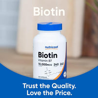 Nutricost Biotin (Vitamin B7) 10,000mcg (10mg) Vitamin Supplement, 240 Capsules - Vegetarian, Gluten Free, Quick Release, Non-GMO