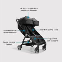 Baby Jogger Australia City Tour 2 Double Stroller (Pitch Black) - Prams & Strollers, Twins, Super Lightweight, Compact fold, Travel Pram, Lightweight and Compact, UV50+ Canopy