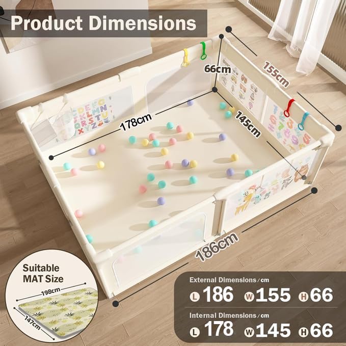 Extra Large Baby Play Pen for Toddlers with Pattern Anti-Slip Sturdy Play Yards Fence with 50 Balls, 4 Pull Rings, Ball Storage & Zipper Door (Beige)