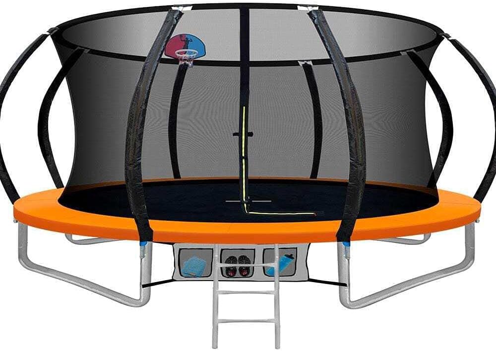 Everfit Trampoline for Kids 8ft 10ft 12ft , Outdoor Bouncing Children Gift, Step Ladder Enclosure Safety Net Cover,Orange