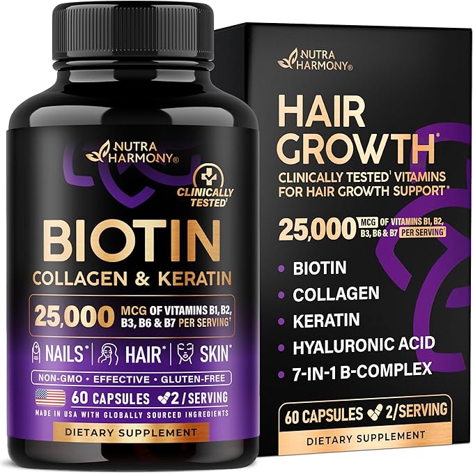 Biotin | Collagen | Hyaluronic Acid | Keratin - Hair Growth & Strength Support Vitamins - Skin & Nails Supplement - Clinically Tested for Men & Women - 25000mcg Vitamins B1, B2, B3, B6 & B7 - 60 Caps