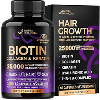 Biotin | Collagen | Hyaluronic Acid | Keratin - Hair Growth & Strength Support Vitamins - Skin & Nails Supplement - Clinically Tested for Men & Women - 25000mcg Vitamins B1, B2, B3, B6 & B7 - 60 Caps