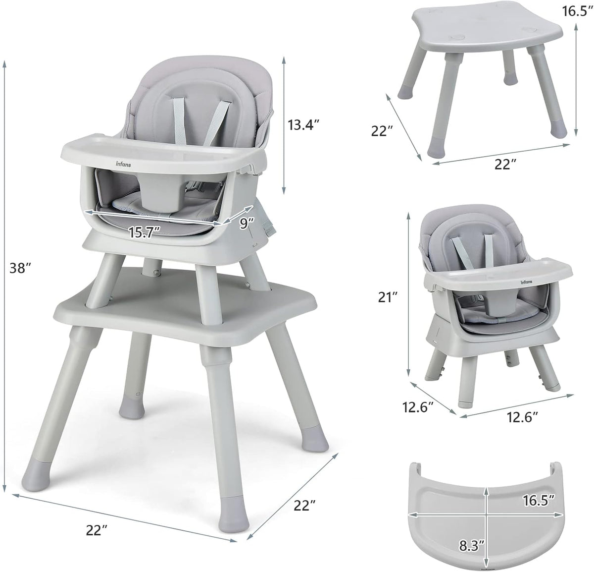 INFANS 8 in 1 Baby High Chair, Convertible Highchair for Babies and Toddlers (Grey)