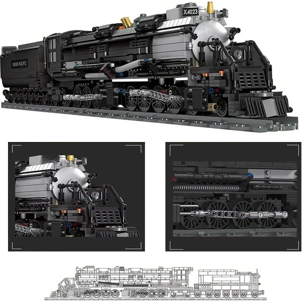 Ruikytech Big Boy Steam Train Building Block Toy, Articulated Train Display Model Set with Tracks, 1608 Pieces, Black, Classic Style, Adult