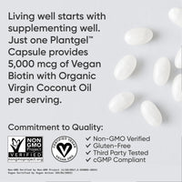 Sports Research Extra Strength Vegan Biotin (Vitamin B) Supplement with Organic Coconut Oil - Supports Keratin for Healthier Hair & Skin - Great for Women & Men - 5,000mcg, 120 Veggie Softgel Capsules