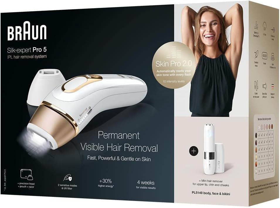 Braun Silk·Expert Pro 5 PL5149 Pulsed Light Epilator for Women, Permanent Hair Removal Visible at Home, White/Gold