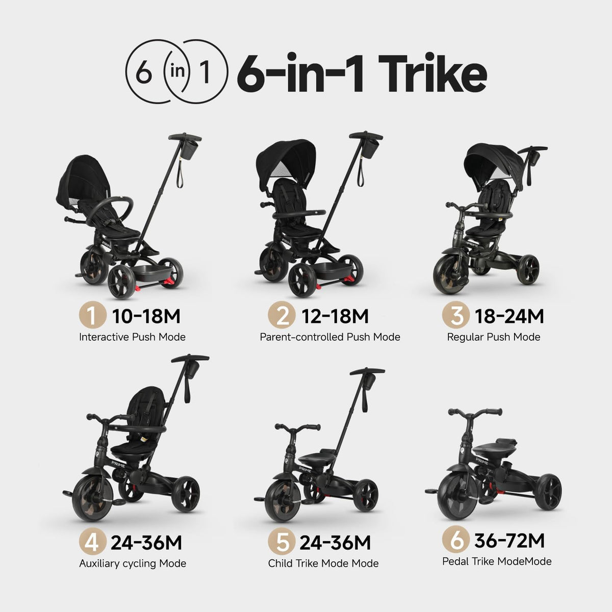 QPLAY Prime 6-in-1 Kids Trike & Pram – Toddler Stroller with Adjustable Parent Push Handle, Removable Canopy, Recline Backrest & Rotatable Seat, Fits Boys & Girls 10 Months-6 Years(Black)