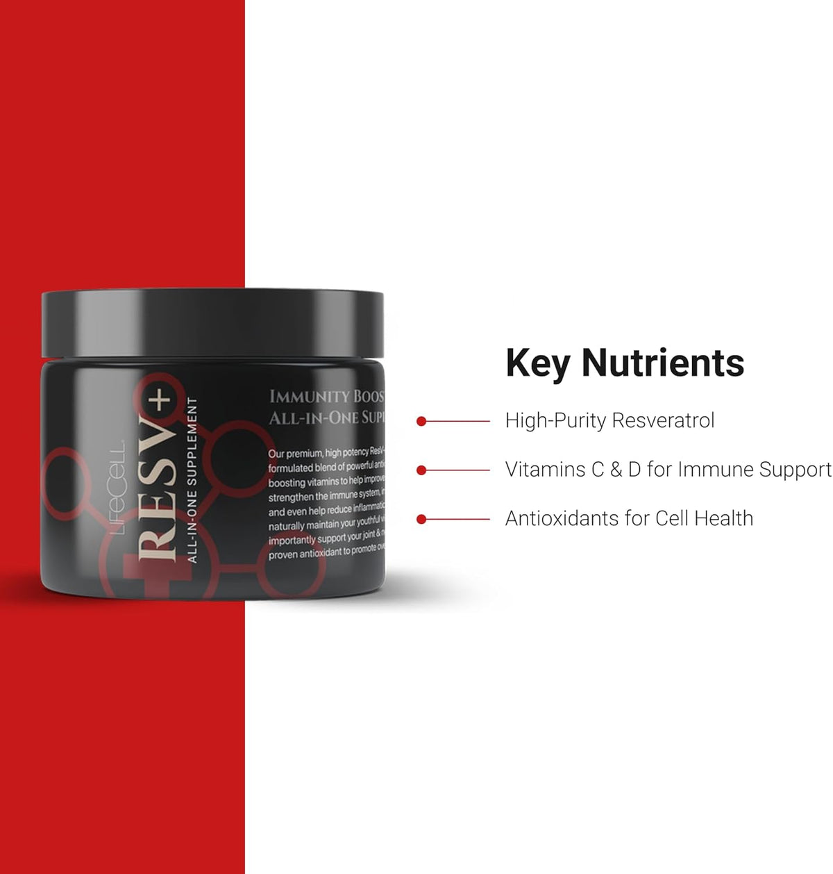 LifeCell ResV+ All-in-One Immunity Supplement – Resveratrol, Vitamin C, and D – Supports Healthy Aging, Skin Hydration, Joint and Heart Health – 100% Vegan – 60 Capsules – 30-Day Supply