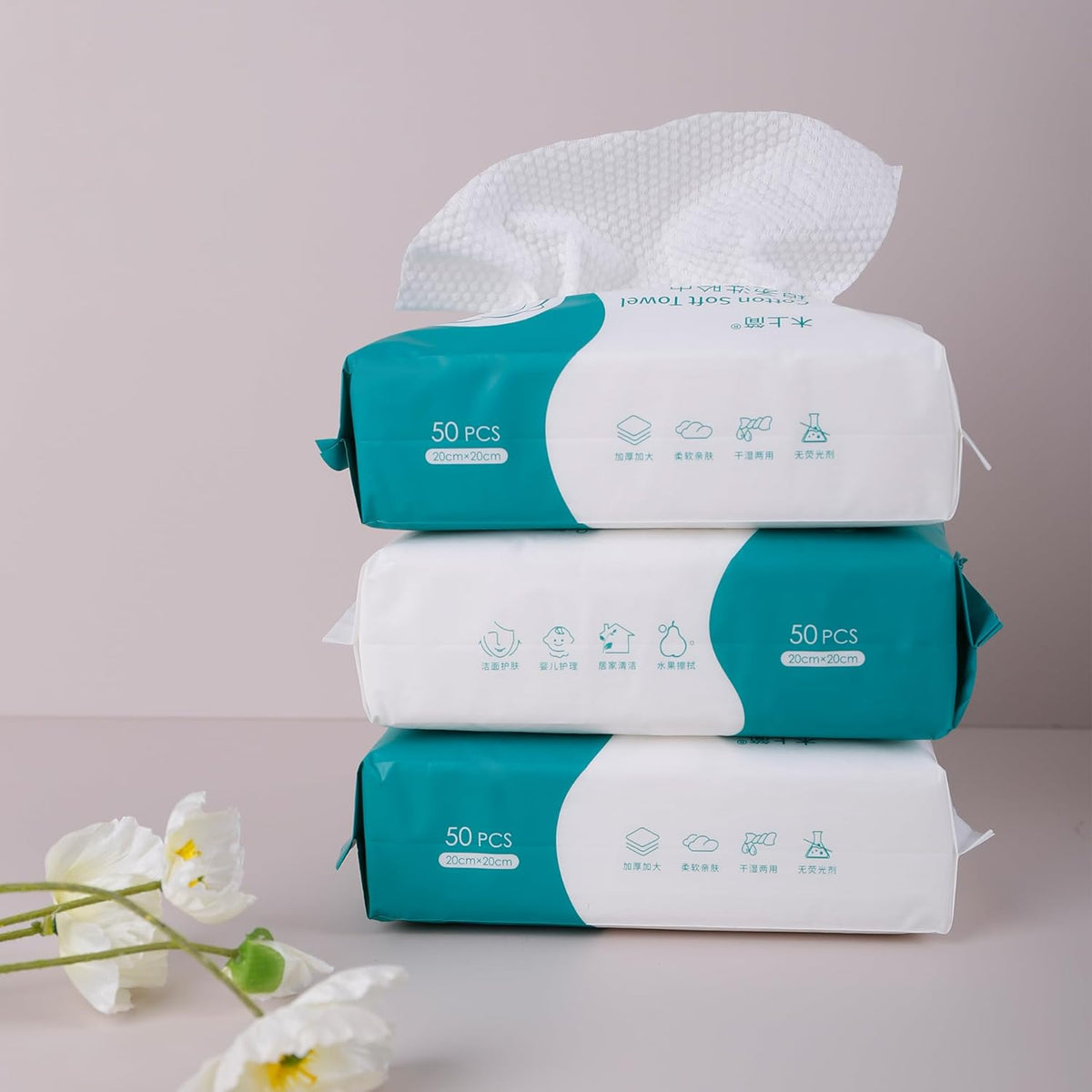Reyoung, 100% Cotton Facial wipes, (150 Counts) 20 * 20CM Disposable Face Towel Lint Free, Dry Wet Use for Sensitive Skin, Facial Cleansing,Makeup Removing, Surface Cleaning