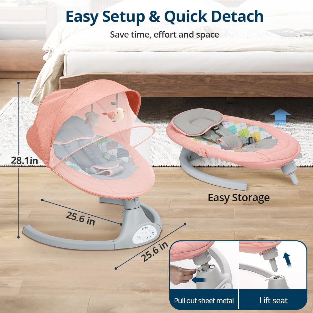 Bioby Baby Swing for Infants with 5 Natural Sway Speeds, Portable Music for 5-20 Lb,0-12 Months Pink