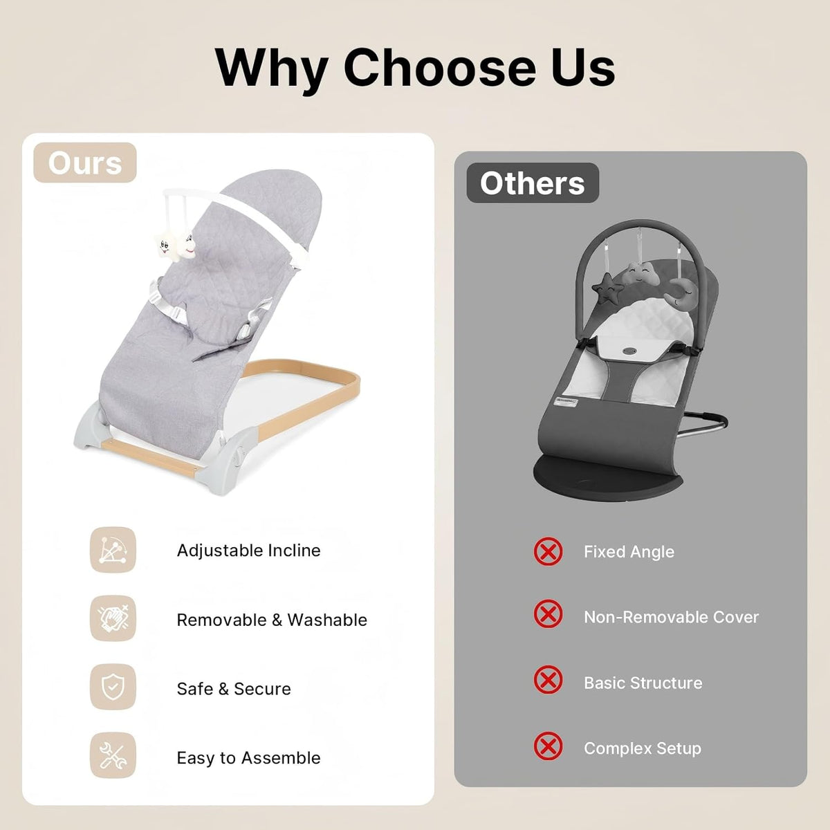 Portable Baby Bouncer Seat, Newborn to Toddler(0-12 Months), 3 Modes of Use with Rocker and Stationary, Convenient Babies Bouncer Seat and Portable Baby Chair Includes Toys Bar & Hanging Toys