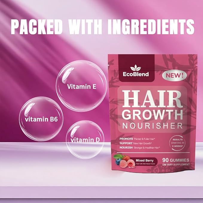 Hair Growth Gummies Women Vitamins—excellerator Nourish Hair and Nail Promote Fuller Locks with a Natural, Gentle Formula—Filled Gummies—Mixed Berry Flavor—90 Count (45-Day Supply)