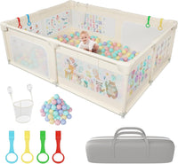 Baby Play Pen for Toddlers with Pattern Anti-Slip Sturdy Play Yards Fence with 50 Balls, 4 Pull Rings, Ball Storage & Zipper Door (Beige)