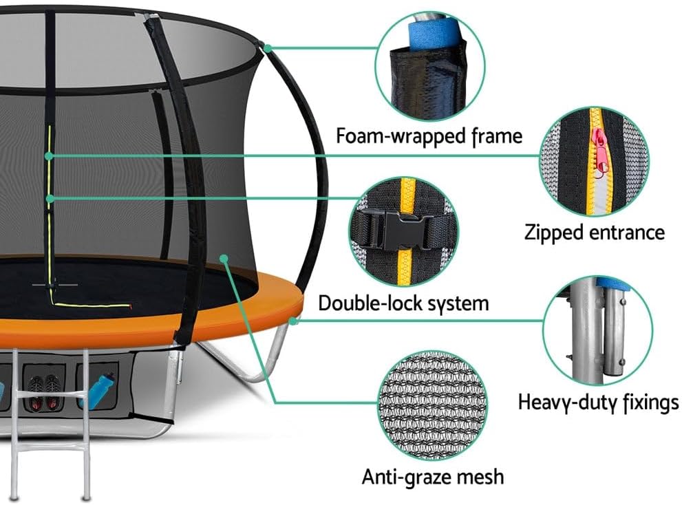 Everfit Trampoline for Kids 8ft 10ft 12ft , Outdoor Bouncing Children Gift, Step Ladder Enclosure Safety Net Cover,Orange