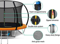 Everfit Trampoline for Kids 8ft 10ft 12ft , Outdoor Bouncing Children Gift, Step Ladder Enclosure Safety Net Cover,Orange