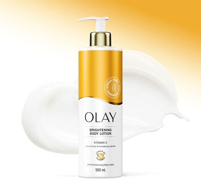 Olay Vitamin C Brightening Body Lotion, 24HR Moisturising Cream For Full Body Skin Care, Evens Skin Tone, With Vitamin C, Vitamin B5 B3, Glycerin, Smooth and Moisturised Skin, No Greasy Residue, 500ml