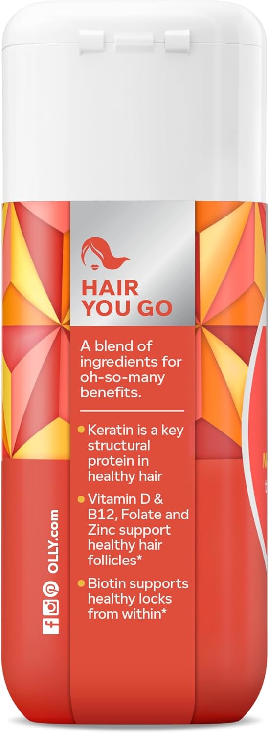 OLLY Ultra Strength Hair Softgels, Supports Hair Health, Biotin, Keratin, Vitamin D, B12, Hair Supplement, 30 Day Supply - 30 Count