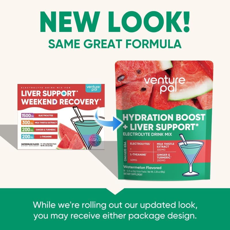 Venture Pal Hydration Packets + Liver Support- Liquid Daily IV Electrolyte Powder Packets with 7 Electrolytes & 5 Vitamins, Milk Thistle + L-Theanine | Sugar-Free | Keto Friendly | Vegan, 16 Sticks