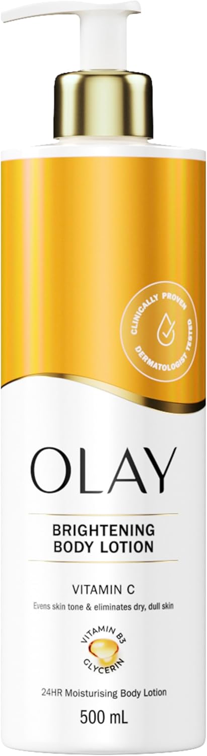 Olay Vitamin C Brightening Body Lotion, 24HR Moisturising Cream For Full Body Skin Care, Evens Skin Tone, With Vitamin C, Vitamin B5 B3, Glycerin, Smooth and Moisturised Skin, No Greasy Residue, 500ml