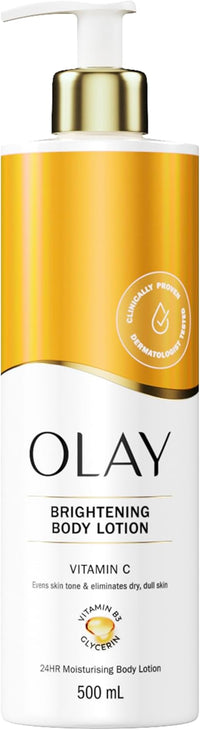Olay Vitamin C Brightening Body Lotion, 24HR Moisturising Cream For Full Body Skin Care, Evens Skin Tone, With Vitamin C, Vitamin B5 B3, Glycerin, Smooth and Moisturised Skin, No Greasy Residue, 500ml