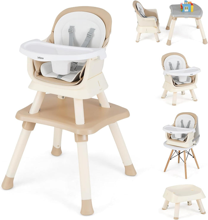INFANS 8 in 1 Baby High Chair, Convertible Highchair for Babies and Toddlers(Light Brown)