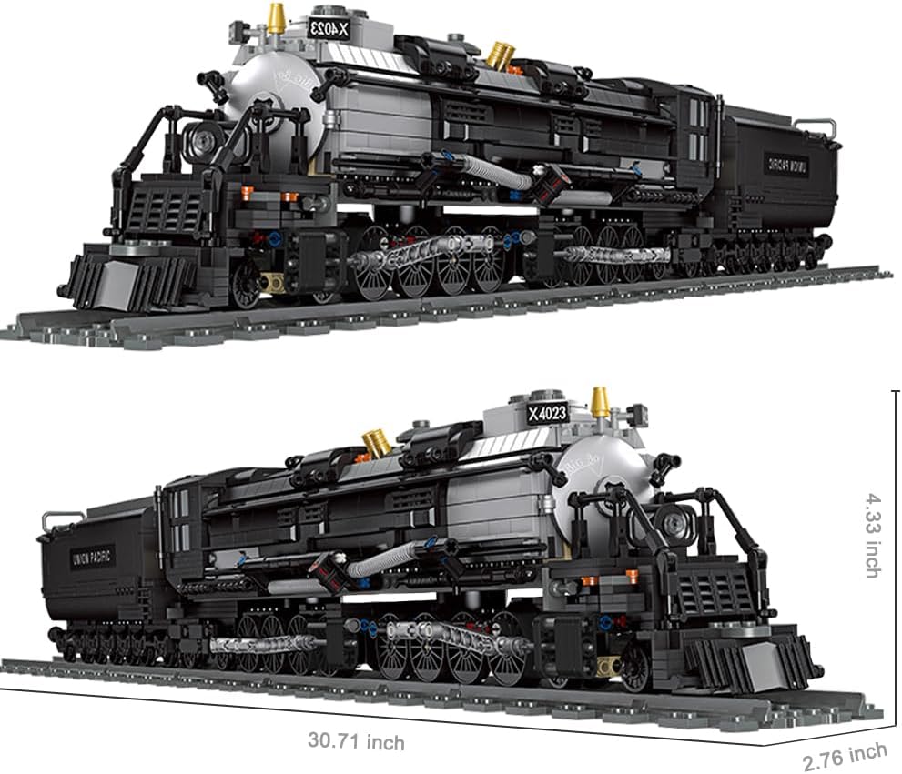 Ruikytech Big Boy Steam Train Building Block Toy, Articulated Train Display Model Set with Tracks, 1608 Pieces, Black, Classic Style, Adult