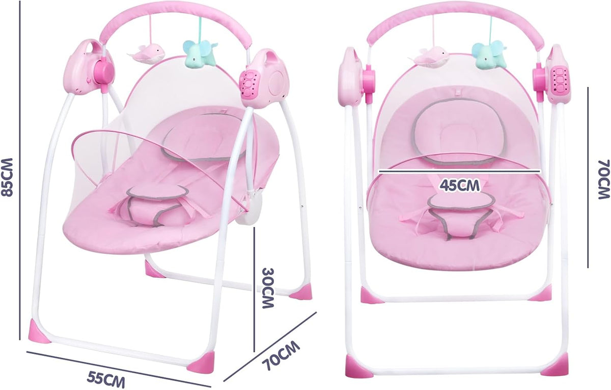 Advwin Baby Rocking Chair, Electric Baby Swing Baby Bouncer and Rocker,Electric 5 Speed Toddler Swing, Bluetooth Bouncer Seat Chair for Infants with Mosquito Net, Pink
