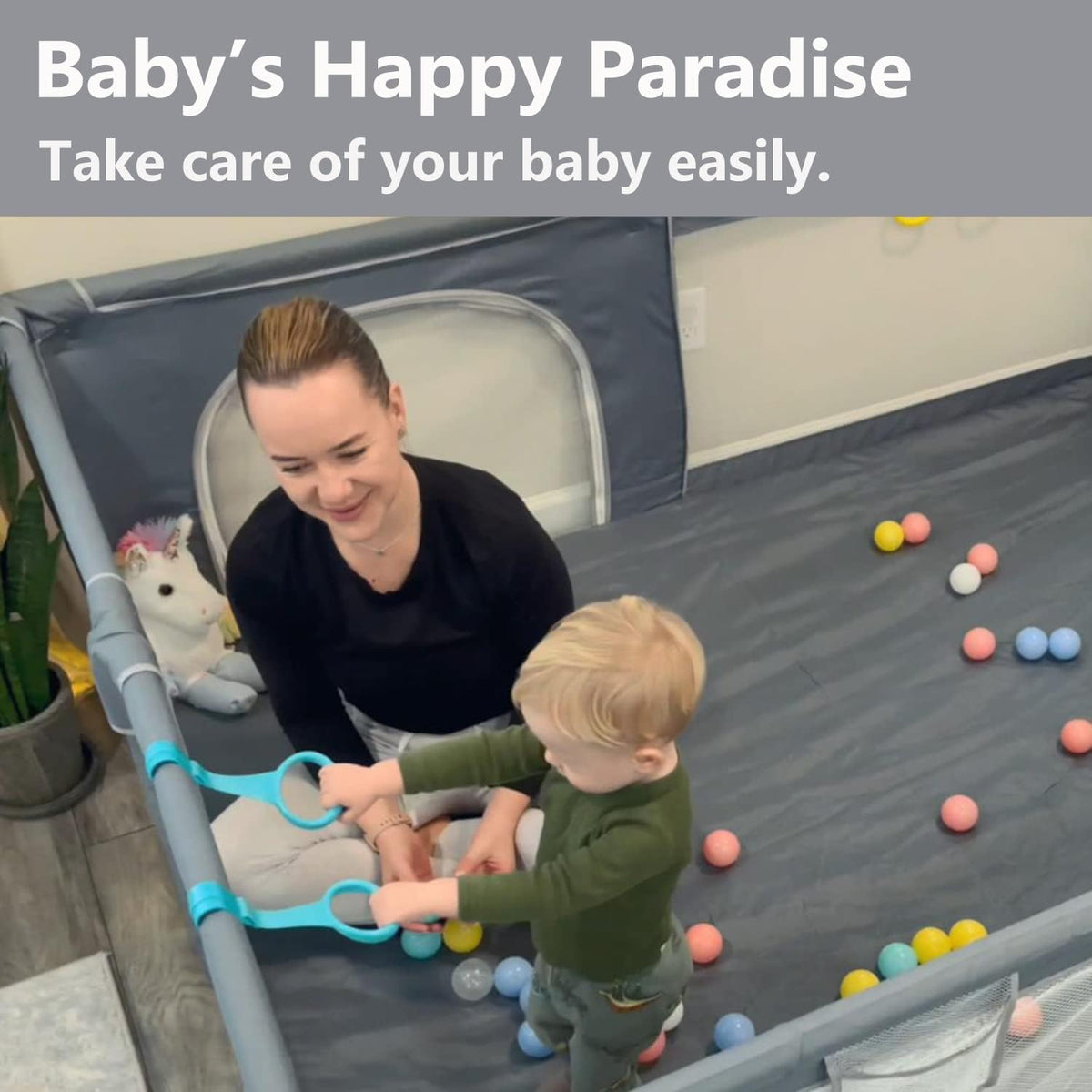 Baby Playpen 200 x 160 cm, Extra Large Baby Play Pen with 50 Ocean Balls, 4X Pull Rings